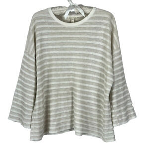 Eileen Fisher Women's Size L 100% Organic Linen Sweater Beige Stripe Knit